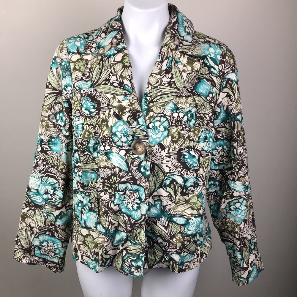 Linen Blend Single Button Jacket Abstract Floral